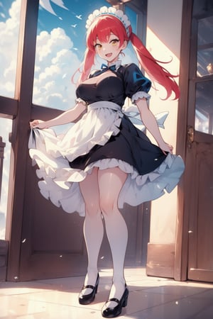 (masterpiece), latias, 1girl, solo, long hair, breasts, looking at viewer, smile, open mouth, indoor, sky, clouds, dress, twintails, yellow eyes, short sleeves, red hair, puffy sleeves, apron, maid, maid headdress, socks, shoes, mary janes