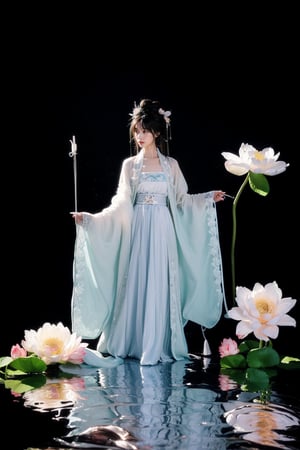 1girl, solo, black hair, hair ornament, long sleeves, dress, standing, flower, wide sleeves, white dress, chinese clothes, black background, reflection, lotus, robe, hanfu, hanfuandflower,better_hands