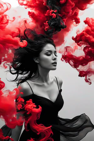 photography, a beautiful woman with dark hair in black and white is surrounded by red ink that flows like smoke. She has her head tilted back as she floats underwater, creating an ethereal atmosphere. Her face reflects intense emotions of pain or sadness, adding to his mysterious allure. Open eyes looking at the photographer 