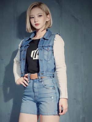 realistic Android_18_DB, standing, photo realistic, shorthair, blond_hair, n0t, denim shorts