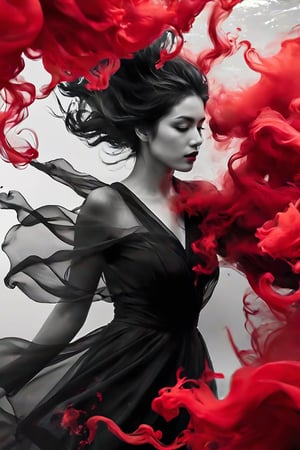 photography, a beautiful woman with dark hair in black and white is surrounded by red ink that flows like smoke. She has her head tilted back as she floats underwater, creating an ethereal atmosphere. Her face reflects intense emotions of pain or sadness, adding to his mysterious allure. Open eyes 