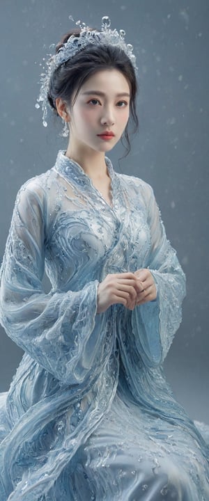(winter theme):1.67, award-winning portrait, hyperrealistic:1.5, the most remarkable elegant princess in the world, light-blue exquisite hanfu made of water, black embroidery, long and wide sleeves, (pronounced facial features):1.2, face radiating lust, (symmetric v-shaped face):1.3, (bright eyes):1.4, glamorous face, long hair, watce, (rose petals):1.5, Chinese girl