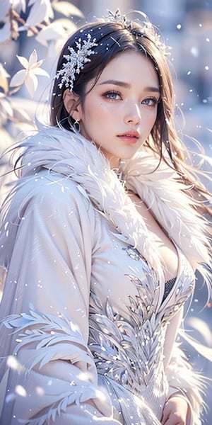 Top quality, 8K, masterpiece, snow maiden, winter night images, snowflakes, mature woman, stunning goddess shot, powerful and huge, jaw-dropping beauty, Japanese goddess, in the snow, beautiful woman with perfect body, slender abs , Highly detailed facial and skin textures, Detailed eyes, (viewed from the front), Looking into the camera, Perfect proportions, Beautiful body, Detailed skin, Detailed eyes, Perfect proportions, Beautiful body, Show off your whole body, Wearing a long white fur coat , ((Everything is sparkling and reflective)), The trees in the snowy field sparkle in the morning light and ice light, it's snowing, (portrait)