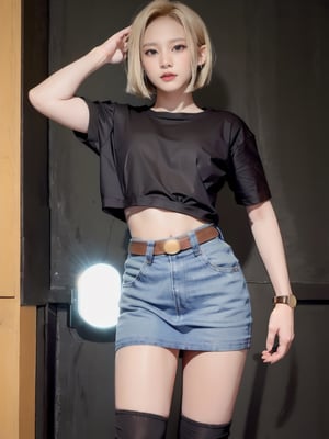 realistic Android_18_DB, standing, photo realistic, shorthair, blond_hair, n0t, denim skirt, black face exposed navel short T-shirt