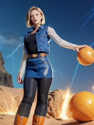 realistic Android_18_DB, standing, photo realistic, shorthair, blond_hair,n0t, masterpiece, ultra realistic, 8K, Android_18_DB, full body, denim skirt, pantyhose, face focus, blond hair, look afar, no gravity, superwoman position,lighting, ball lightning between hands, thunder rings