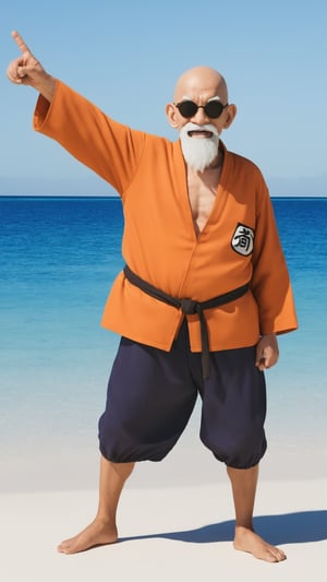 Photorealistic, analog photo, raw, a bald and smiling man, with dark sunglasses, it's Muten Roshi from Dragon ball. He's making the peace sign. He's in a small tropical island, with a giant sea turtle 