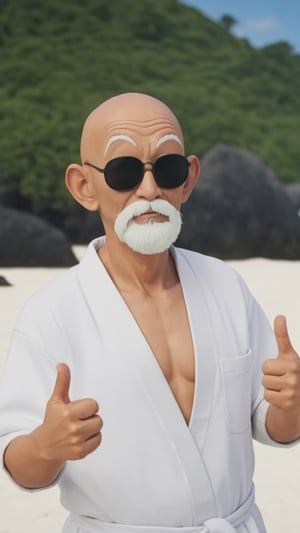 Photorealistic, analog photo, raw, a bald and smiling man, with dark sunglasses, it's Muten Roshi from Dragon ball. He's making the peace sign. He's in a small tropical island, with a giant sea turtle 