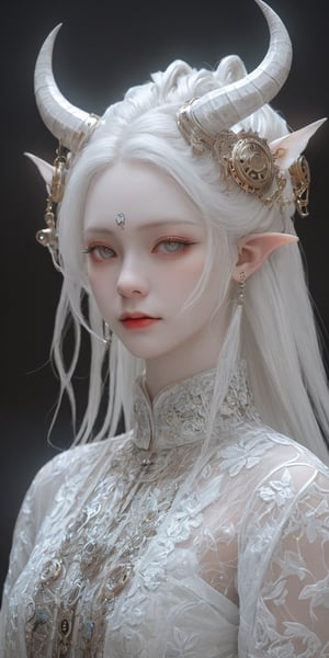 1 girl, Whole_body, (masterful), albino demon girl ,(white dreadlocks,mesh fishnet blouse, (long intricate horns:1.2),best quality, highest quality, extremely detailed CG unity 8k wallpaper, detailed and intricate, 
,steampunk style,Glass Elements, looking_at_viewer,chinese girls,goth person