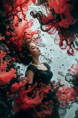 a portrait of a women submerged, with streams of red and black ink swirling around them, resembling billowing smoke underwater. The play of light creates a stark contrast, highlighting the serene expression on the face amidst the chaos of colors, with bubbles scattered across the view, suggesting a silent, slow-motion explosion. The light refracts through the water, adding depth and a dreamlike quality to the scene, focusing on the interplay between the inky tendrils and the illuminated bubbles., Precipitate girl, sexy pose