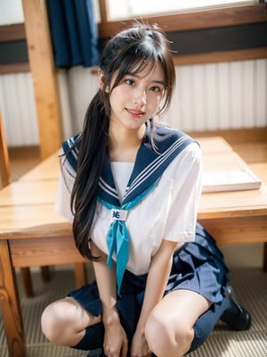 beautiful 18 year old japanse girl, Best quality, masterpiece, ultra high res, (photorealistic:1.4), raw photo, glowing skin, full body,  ,ear_rings, slim, long hair, Detailedface, large breasts, the hem of the skirt flies up, exposing the briefs, confidence smile, japan classroom background, glasses, long socks,wear japanese school uniform,sailor_girls, stand, 