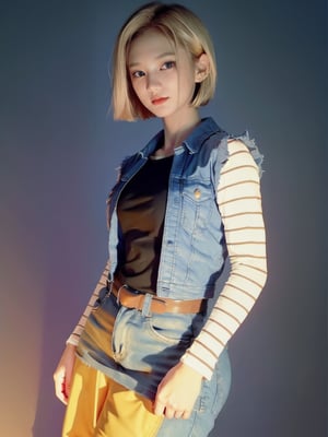realistic Android_18_DB, standing, photo realistic, shorthair, blond_hair,n0t