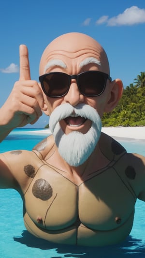 Photorealistic, analog photo, raw, a bald and smiling man, with dark sunglasses, it's Muten Roshi from Dragon ball. He's making the peace sign. He's in a small tropical island, with a giant sea turtle 