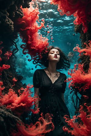 a portrait of a women submerged, with streams of red and black ink swirling around them, resembling billowing smoke underwater. The play of light creates a stark contrast, highlighting the serene expression on the face amidst the chaos of colors, with bubbles scattered across the view, suggesting a silent, slow-motion explosion. The light refracts through the water, adding depth and a dreamlike quality to the scene, focusing on the interplay between the inky tendrils and the illuminated bubbles., Precipitate girl, sexy pose