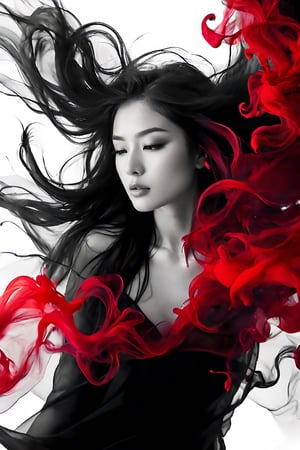 photography, a beautiful woman with dark hair in black and white is surrounded by red ink that flows like smoke. She has her head tilted back as she floats underwater, creating an ethereal atmosphere. Her face reflects intense emotions of pain or sadness, adding to his mysterious allure. Open eyes 