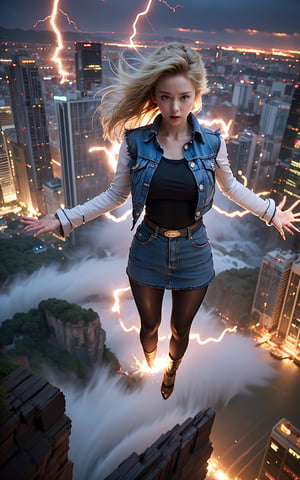 masterpiece, ultra realistic, 8K, Android_18_DB, full body, denim skirt, pantyhose, face focus, blond hair, look afar, top-down view,no gravity, she is weightlessness and flying through the buildings, cityscape, superwoman position,lighting, dramatic ball lightning between hands, thunder rings