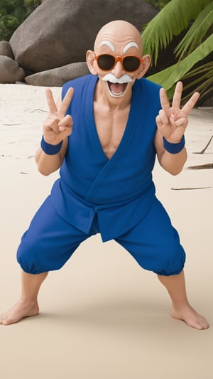 Photorealistic, analog photo, raw, a bald and smiling man, with dark sunglasses, it's Muten Roshi from Dragon ball. He's making the peace sign. He's in a small tropical island, with a giant sea turtle 