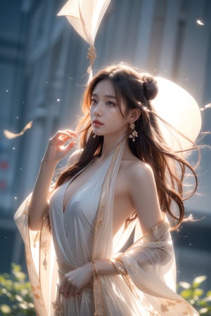 The background is midnight sky,big moon,dark night,floral leaf blowing,16 yo, 1 girl, flying in the air,halo,shining bracelet,beautiful hanfu(transparent), cloth blowing in wind, solo, {beautiful and detailed eyes}, calm expression, natural and soft light, delicate facial features, cute japanese idol, very small earrings, ((model pose)), Glamor body type, (dark hair:1.2),  beehive,big bun,very_long_hair, hair past hip, curly hair, flim grain, realhands, masterpiece, Best Quality, photorealistic, ultra-detailed, finely detailed, high resolution, perfect dynamic composition, beautiful detailed eyes, eye smile, ((nervous and embarrassed)), sharp-focus, full_body, sexy pose,cowboy_shot,ruanyi0060, huge breasts, (sexy pose)