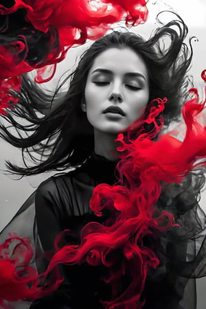 photography, a beautiful woman with dark hair in black and white is surrounded by red ink that flows like smoke. She has her head tilted back as she floats underwater, creating an ethereal atmosphere. Her face reflects intense emotions of pain or sadness, adding to his mysterious allure. Open eyes looking at the photographer 