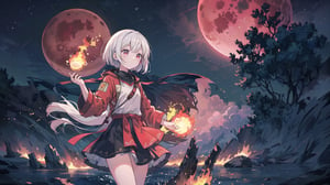masterpiece, best quality,extremely detailed CG unity 8k wallpaper, best quality, extremely detailed, detailed, art of light novel cover,highres,(anime screencap),((Beautiful and detailed explosion)),((outdoors, nature,flame_sea,blue fire,dark sky with dark clouds:1.25)),(1girl:1.5) ,(night),stars,moon light,explosion,Burn oneself in flames,Good looking flame,(aurora:0.5)((world of flames,Red Moon)),, ,shi_BETA,moyou,1girl,White hair,neon,water,yushuishu,Dragonite,doudouyan