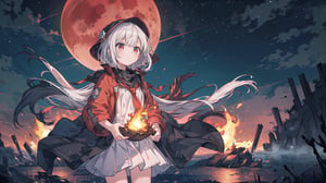 masterpiece, best quality,extremely detailed CG unity 8k wallpaper, best quality, extremely detailed, detailed, art of light novel cover,highres,(anime screencap),((Beautiful and detailed explosion)),((outdoors, nature,flame_sea,blue fire,dark sky with dark clouds:1.25)),(1girl:1.5) ,(night),stars,moon light,explosion,Burn oneself in flames,Good looking flame,(aurora:0.5)((world of flames,Red Moon)),, ,shi_BETA,moyou,1girl,White hair,neon,water,yushuishu,Dragonite,doudouyan