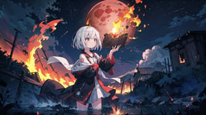 masterpiece, best quality,extremely detailed CG unity 8k wallpaper, best quality, extremely detailed, detailed, art of light novel cover,highres,(anime screencap),((Beautiful and detailed explosion)),((outdoors, nature,flame_sea,blue fire,dark sky with dark clouds:1.25)),(1girl:1.5) ,(night),stars,moon light,explosion,Burn oneself in flames,Good looking flame,(aurora:0.5)((world of flames,Red Moon)),, ,shi_BETA,moyou,1girl,White hair,neon,water,yushuishu,Dragonite,doudouyan, colors