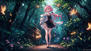  masterpiece, best quality, high quality,extremely detailed CG unity 8k wallpaper, An enchanting and dreamy scene of a fantasy forest, (with towering trees), (pink),glowing mushrooms, and hidden fairy glens, creating a sense of mystique and enchantment, BREAK, (1 cute girl, solo, (chasing fireflies:1.5), full body), artstation, digital illustration, intricate, trending, pastel colors, oil paiting, Bokeh, Depth of Field, HDR, bloom, Chromatic Aberration ,Photorealistic,extremely detailed, trending on artstation, trending on CGsociety, Intricate, High Detail, dramatic, 1girl, backlight, colors,girl