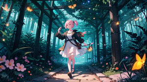  masterpiece, best quality, high quality,extremely detailed CG unity 8k wallpaper, An enchanting and dreamy scene of a fantasy forest, (with towering trees), (pink),glowing mushrooms, and hidden fairy glens, creating a sense of mystique and enchantment, BREAK, (1 cute girl, solo, (chasing fireflies:1.5), full body), artstation, digital illustration, intricate, trending, pastel colors, oil paiting, Bokeh, Depth of Field, HDR, bloom, Chromatic Aberration ,Photorealistic,extremely detailed, trending on artstation, trending on CGsociety, Intricate, High Detail, dramatic, 1girl, backlight, colors