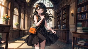 masterpiece, best quality, high quality,extremely detailed CG unity 8k wallpaper, extremely detailed, High Detail, 

(1girl, solo), long hair, looking at viewer, smile, bangs, black hair, brown eyes, standing, sleeveless, indoors, blunt bangs, bag, sleeveless dress, handbag, realistic, dress, (orange dress), in the library, library,girl