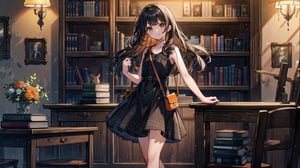 masterpiece, best quality, high quality,extremely detailed CG unity 8k wallpaper, extremely detailed, High Detail, 

(1girl, solo), long hair, looking at viewer, smile, bangs, black hair, brown eyes, standing, sleeveless, indoors, blunt bangs, bag, sleeveless dress, handbag, realistic, dress, (orange dress), in the library, library,girl