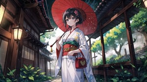 A stunning masterpiece! In this breathtaking 8K wallpaper, a beautiful young woman with luscious black hair is set against the backdrop of majestic East Asian architecture. She wears a vibrant white kimono and holds a striking red umbrella, its intricately designed handle grasped firmly in her hand. A stylish bag hangs elegantly from her shoulder, adding a touch of modernity to this traditional setting. The composition is expertly framed, with the subject positioned at the center of the image, surrounded by lush greenery and subtle misty effects, creating an atmosphere of serenity and refinement.