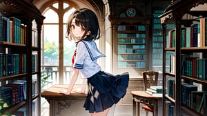 A masterpiece of a serene girl, bathed in warm library lighting. Standing with confidence, she gazes directly at us, her bright smile and piercing brown eyes captivating. Her long, black hair falls down her back, framing her heart-shaped face. She wears a crisp white shirt with short sleeves and a pleated brown skirt, the serafuku-style uniform complete with a subtle school crest. Blunt bangs sweep across her forehead, accentuating her striking features. The soft focus highlights her individuality, while the library background humbles her grandeur.
