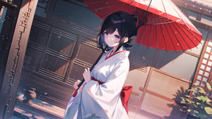 masterpiece, best quality, high quality,extremely detailed CG unity 8k wallpaper, extremely detailed, High Detail, 

(1girl, solo), black hair, holding, outdoors, japanese clothes, kimono, bag, umbrella, (white kimono), holding umbrella, (red umbrella), east asian architecture ,girl