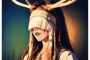 1girl, Maria Franz, tribal make up, horn, portrait, ((eyes covered)), solo, looking at the camera,portrait, illustration, fcloseup