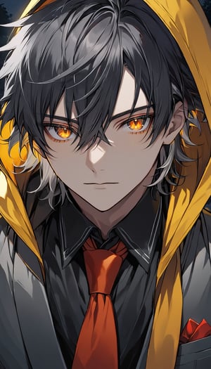 solo, light Orange eyes, dark gray hair, 1boy, male focus, necktie, yellow hood, night, red necktie,cool  