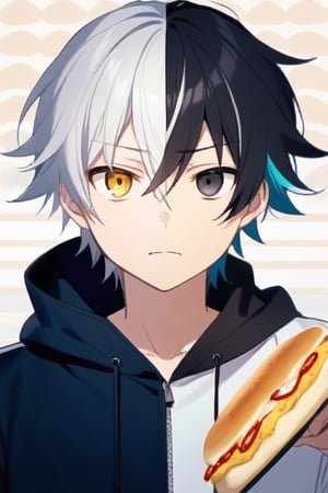 solo, short hair, bangs, blue eyes, black hair, 1boy, closed mouth, jacket, yellow eyes, white hair, male focus, multicolored hair, black eyes, two-tone hair, heterochromia, split theme),haruka ,eat Rice omelette ,anime 