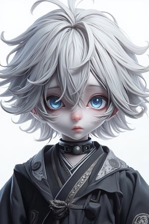 solo, looking at viewer, blue eyes, 1boy, white background, upper body, white hair, male focus, parted lips, japanese clothes, choker, collar, bishounen,doll,3d haunted doll