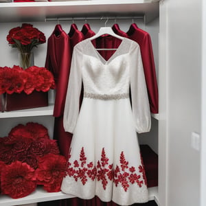 white wedding party dress with glitter and long wave sleeve with alot of red flowers on it ,the dress hanging in closet