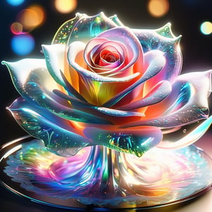 The soft-colored transparent liquid splashes into the Iridescent Organza reflective liquid and the fluid lace texture forms a rose. High transparency, high details, delicate light and shadow, high texture, high quality, dark background, bokeh, professional panoramic shooting
