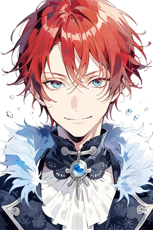 boy with 
Japanese animation style.
Black revolver. The muzzle is facing you.
Beautiful eyes.
Very detailed and quality illustration.
Simple background. White background.
,red hair,ice blue eyes 
upper body, 
masterpiece, top quality, aesthetic, smile, ,tensura_style