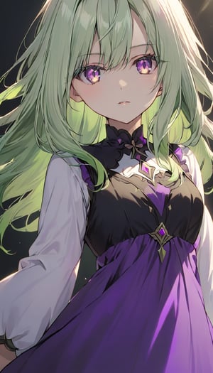 solo, looking at viewer, 1girl, dress,upper body,long light green hair, purple eyes,female focus,hold donates,kuro