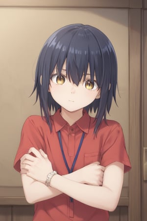 solo, looking at viewer, bangs, shirt, black hair, 1boy, hair between eyes, closed mouth, yellow eyes, upper body, short sleeves, male focus, collared shirt, red shirt, watch, wristwatch, lanyard, hand on own arm