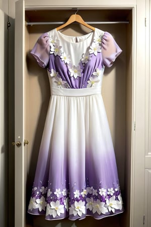 light half light white and half light purple dress with glitter and white flowers, short sleeve, the dress Hanging in the closet