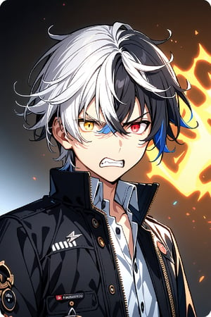 shirt, black hair, 1boy, jacket, yellow eyes, upper body, white hair, male focus, multicolored hair, two-tone hair, heterochromia, split-color hair, ,angry ,screenshot,haruka 