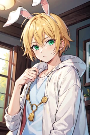 masterpiece, best quality, illustration, 1boy, solo, male focus, looking at viewer, , , ligne claire, , , takuma_ichijou, blonde hair, green eyes, white coat, ,wear rabbit onesie ,cute,rabbit ear,upper body 