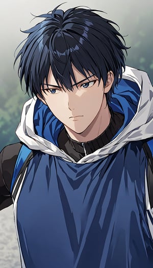 solo, short blue hair, 1boy, black hair, upper body, male focus, hood, ,sport cloth ,screenshot,hisash1mitsui,kaed3rukawa