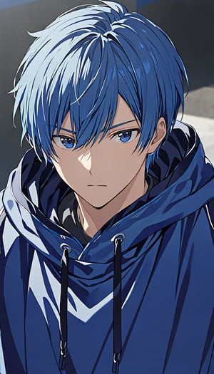 solo, short blue hair, 1boy, blue hair, upper body, male focus, hood, ,sport cloth ,screenshot,hisash1mitsui,kaed3rukawa
