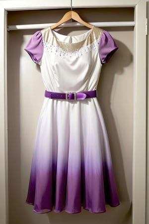 light half light white and half light purple dress with glitter and white belt, short sleeve, the dress Hanging in the closet