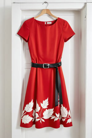 short red dress with short  sleeves,white leafs ,white lines in the dress Black belt on the waist ,hanging in closet