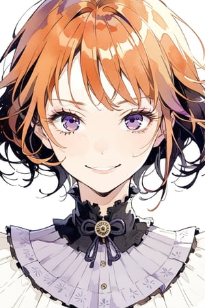 Girl with 
Japanese animation style.
Black revolver. The muzzle is facing you.
Beautiful eyes.
Very detailed and quality illustration.
Simple background. White background.
skirt.,Orange hair,purple eyes 
upper body, 
masterpiece, top quality, aesthetic, smile,girl ,tensura_style