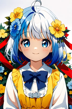 1girl, solo, looking at viewer, blush, smile, short hair, bangs, blue eyes, white hair, shirt, hair ornament, closed mouth, blue hair, white shirt, upper body, flower, ahoge, multicolored hair, frills, yellow dress with long sleeve, hair flower, gift, blue flower, colored inner hair,hair ribbon,long hair